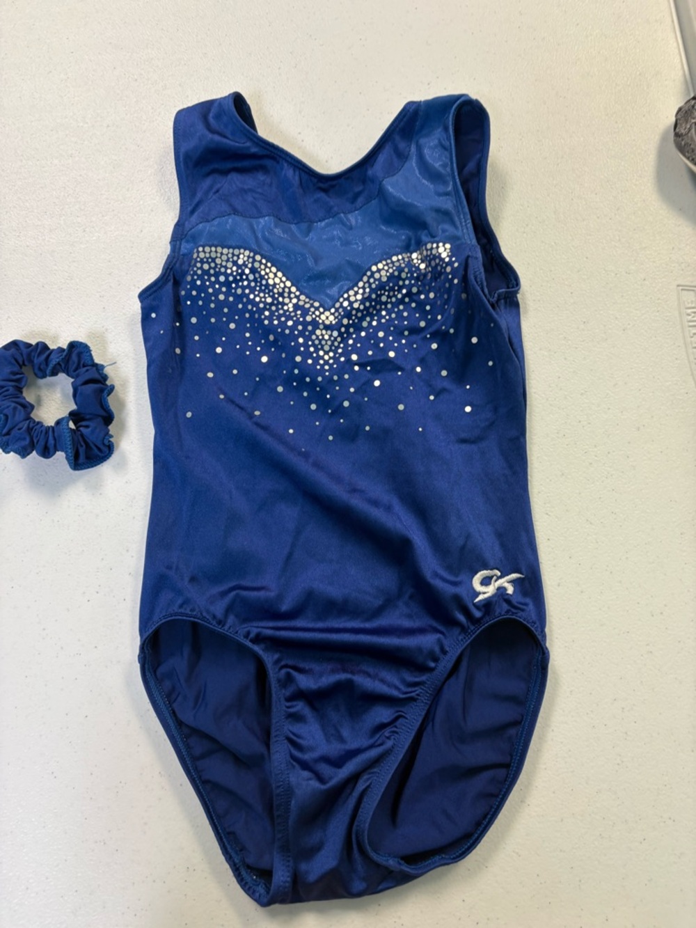 GK Royal Blue Rhinestone Leotard with Scrunchie